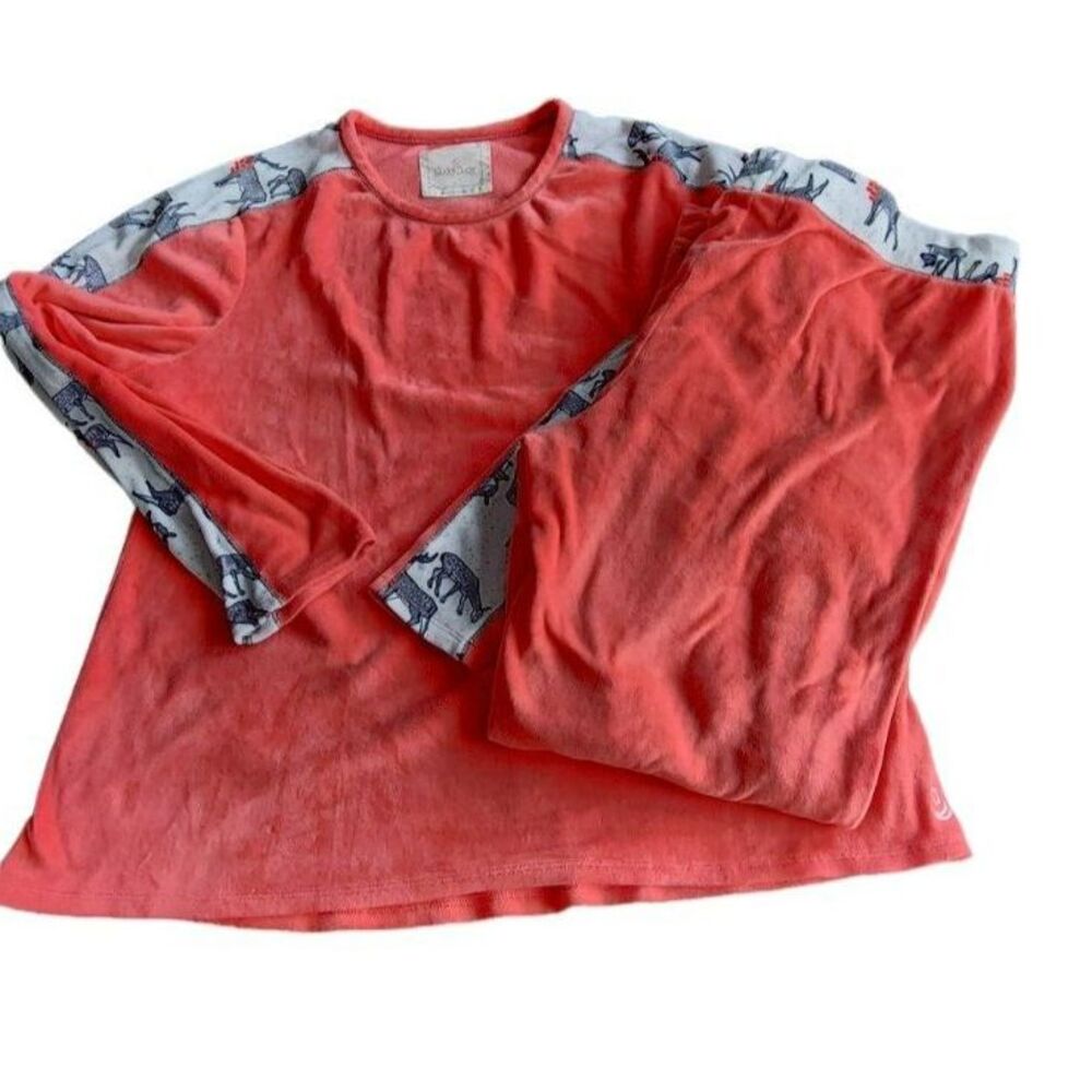 Cuddl Duds Womens Fleece Pajama Set Large Coral Orange Reindeer Print 2 Piece